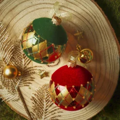 KAEMINGK Lot de 6 boules de Noël en verre (D80 mm) Carreaux de velours Bordeaux et vert sapin Rouge Outlet