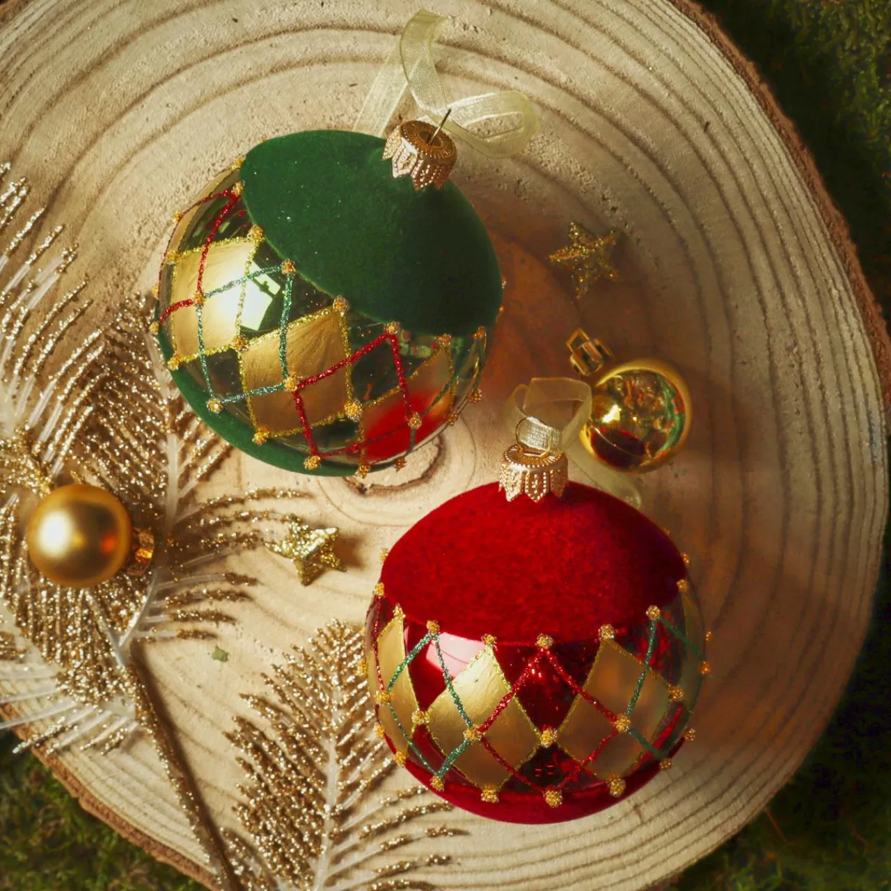 KAEMINGK Lot de 6 boules de Noël en verre (D80 mm) Carreaux de velours Bordeaux et vert sapin Rouge Outlet