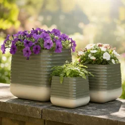 EMINZA Lot de 3 cache-pots d'extérieur carrés (H49-37-27 cm) Jamie Gris et Beige Online