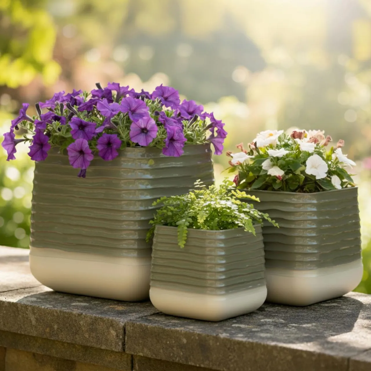 EMINZA Lot de 3 cache-pots d'extérieur carrés (H49-37-27 cm) Jamie Gris et Beige Online