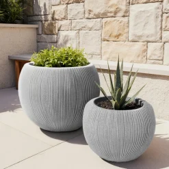 EMINZA Lot de 2 cache-pots d'extérieur ronds (H41-30 cm) Lennox strié Gris clair Hot