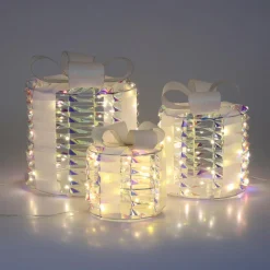KOOPMAN Lot de 3 cadeaux lumineux 135 LED (H25 cm) Rond et chic Blanc irisé Clearance