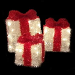 EMINZA Lot de 3 cadeaux lumineux à piles 65 LED (H30 cm) Ruban Rouge et Blanc chaud Discount