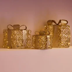 EMINZA Lot de 3 cadeaux lumineux à piles 30 LED (H30 cm) Féerie et Blanc chaud Or