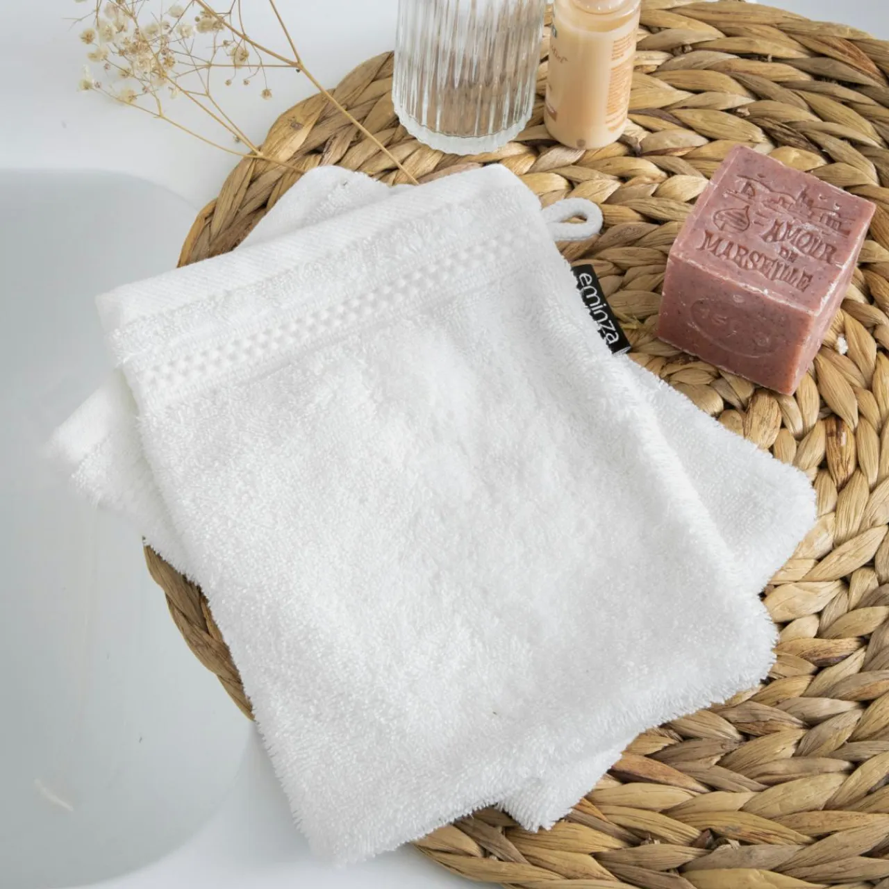 EMINZA Lot de 2 gants de toilette coton bio (15 x 21 cm) Méline chantilly Blanc Best