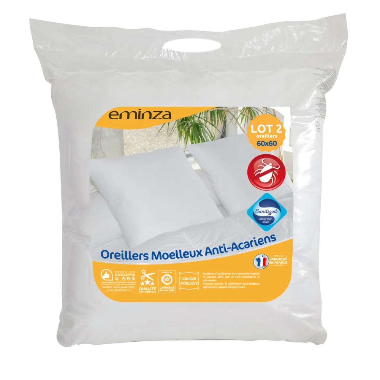 EMINZA Lot de 2 oreillers carrés (60 x 60 cm) Moelleux Anti-acariens Blanc Hot