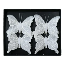 KAEMINGK Lot de 4 Papillons sur pince (H8 cm) Éclats et perles d'hiver Blanc New