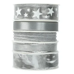 KAEMINGK Lot de 5 rubans de Noël 3 m - Satin et étoiles Argent métalisé Gris Discount