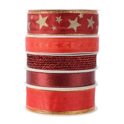 KAEMINGK Lot de 5 rubans de Noël 3 m - Satin et étoiles Rouge Hot