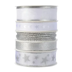 KAEMINGK Lot de 5 rubans de Noël 3 m - Satin et étoiles Argent Outlet