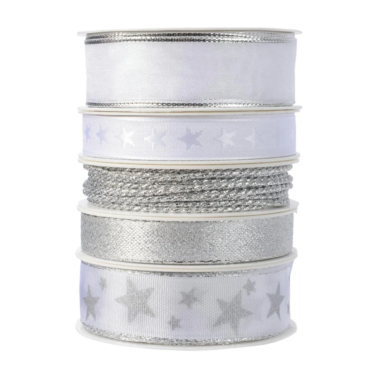KAEMINGK Lot de 5 rubans de Noël 3 m - Satin et étoiles Argent Outlet