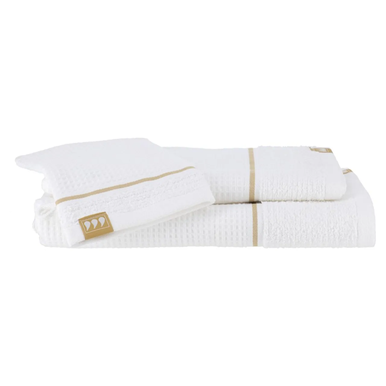 TENDANCE Lot de serviettes de bain 50x90 cm + 70x130 cm + 1 gant de toilette Japandi et or Blanc Hot