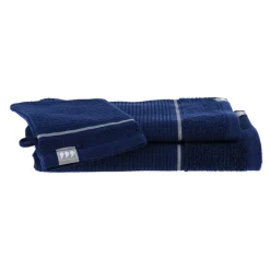 TENDANCE Lot de serviettes de bain 50x90 cm + 70x130 cm + 1 gant de toilette Japandi et argent Bleu marine Hot