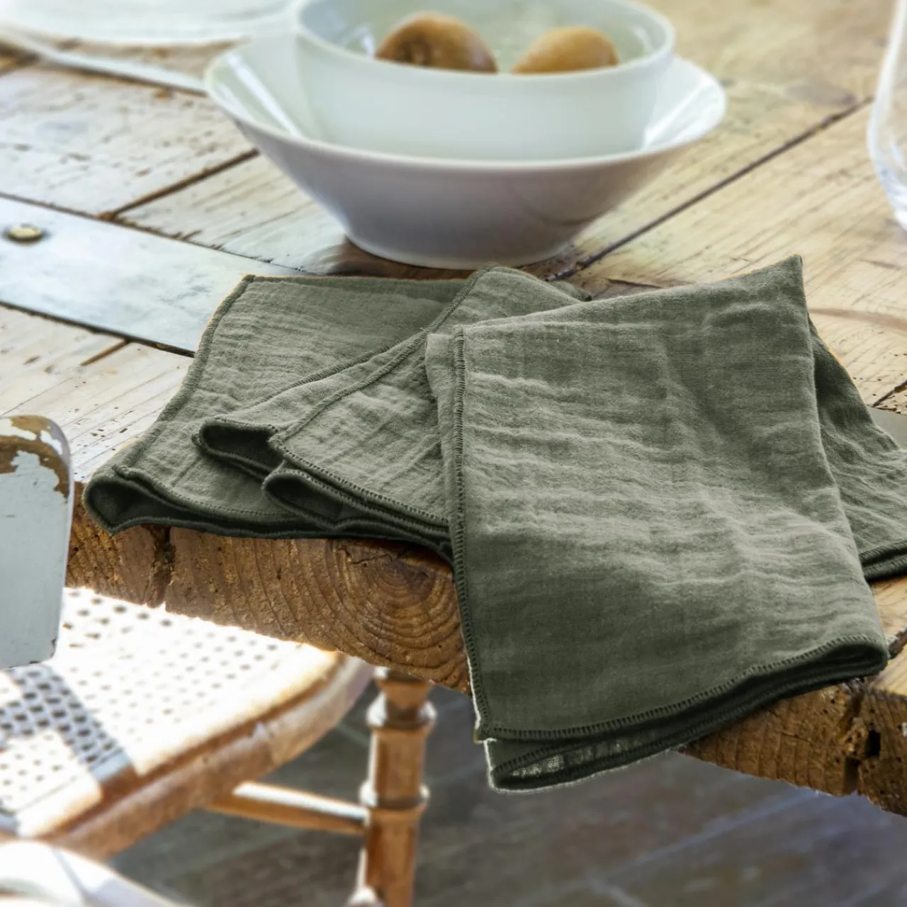 EMINZA Lot de 3 serviettes gaze de coton (40 x 40 cm) Gaïa Vert romarin
