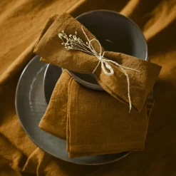 EMINZA Lot de 3 serviettes lin lavé (40 x 40 cm) Louise Caramel Hot