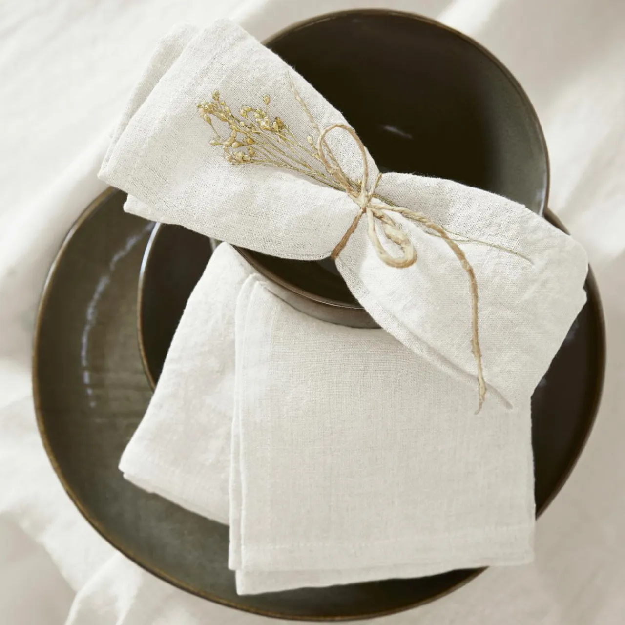 EMINZA Lot de 3 serviettes lin lavé (40 x 40 cm) Louise hes Blanc Discount
