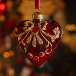KAEMINGK Lot de 2 suspensions de Noël en verre (H8 cm) Coeurs précieux pailleté or Bordeaux New
