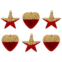 JJA Lot de 6 suspensions (H15 cm) Cœurs et étoiles paillettes Rouge et Or Online