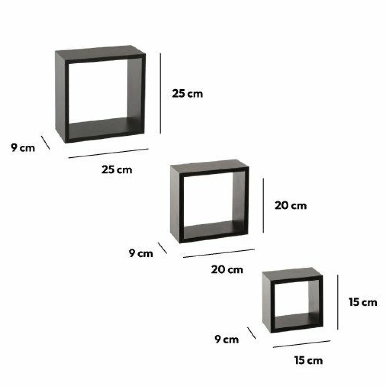 ATMOSPHERA Lot de 3 étagères bois (H15-20-25 cm) Cube Noir Hot