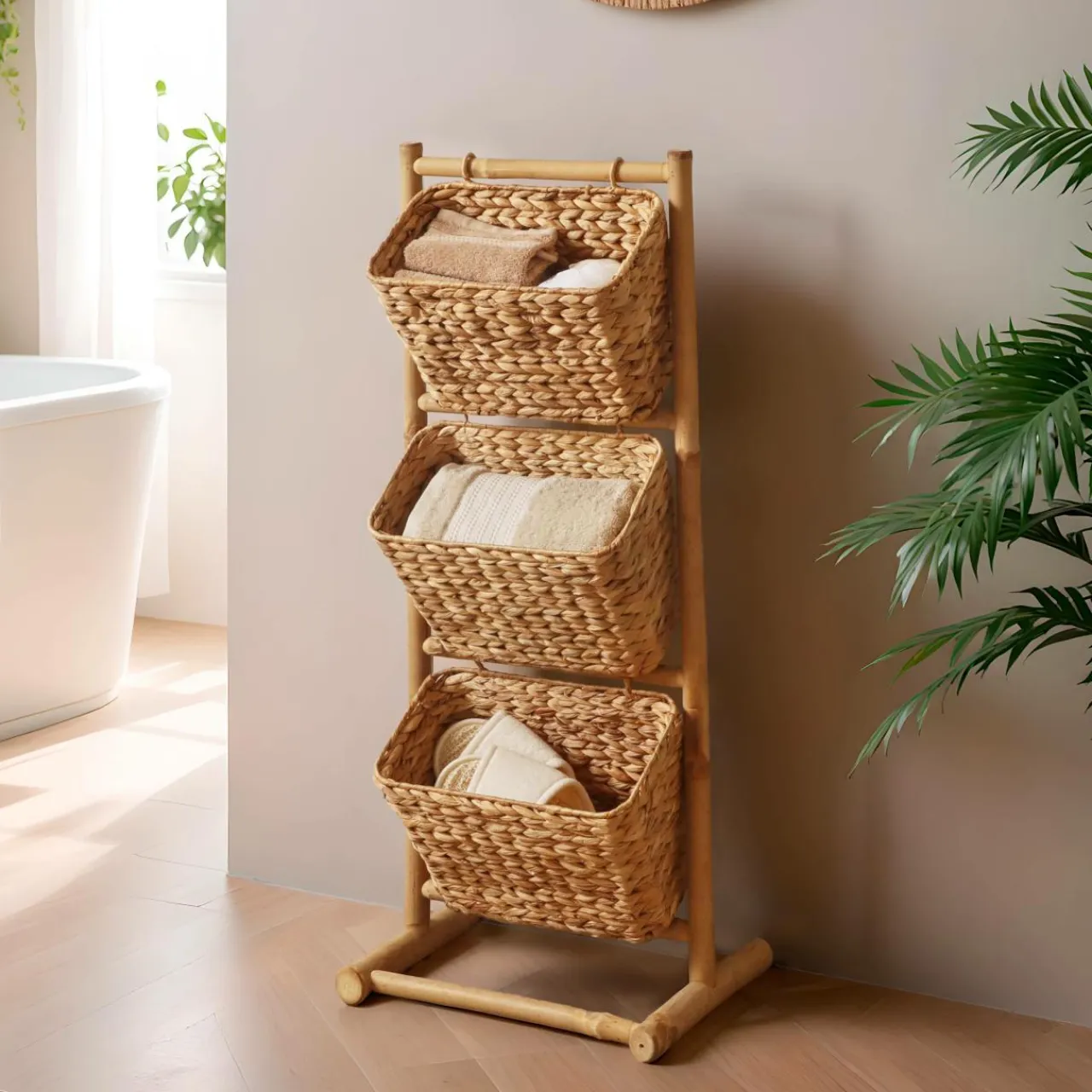 TENDANCE Meuble incliné 3 paniers bambou et jacinthe d'eau (40 x H92 cm) Hanoï Naturel Clearance