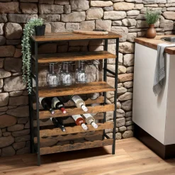 EMINZA Meuble range-bouteilles industriel 18 emplacements et porte-verres (H100 cm) Hugo Marron New