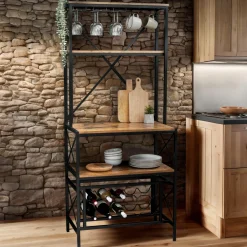 EMINZA Meuble range-bouteilles industriel 10 emplacements et porte-verres (H178 cm) Léon Marron New