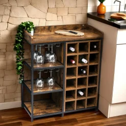 EMINZA Meuble range-bouteilles industriel 18 emplacements et porte-verres (H82 cm) Paul Marron Clearance