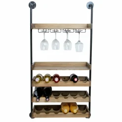 EMINZA Meuble range-bouteilles mural et métal 18 emplacements et porte-verres (H120 cm) Isaac Marron Bois Clearance