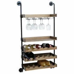 EMINZA Meuble range-bouteilles mural et métal 18 emplacements et porte-verres (H120 cm) Isaac Marron Bois Clearance