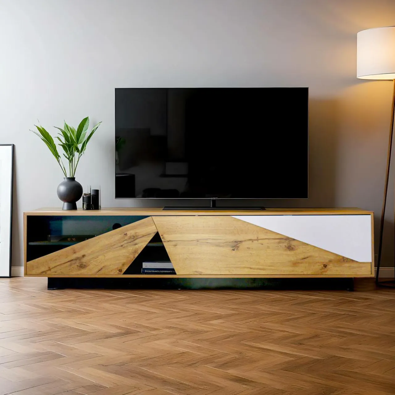 EMINZA Meuble TV en design (L180 x 40 cm) Alabama Blanc, noir et naturel Bois Online