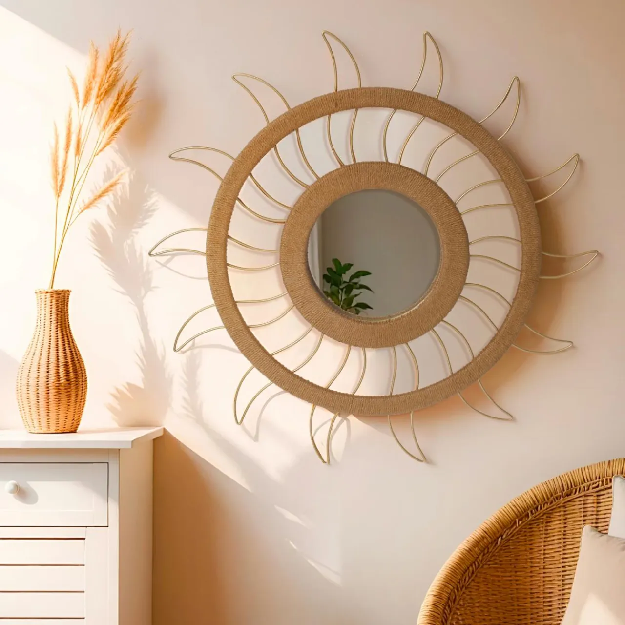 EMINZA Miroir et décoration murale chanvre (D75 cm) Sun Beige Naturel Discount