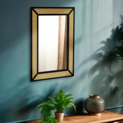 EMINZA Miroir mural en métal (H101 cm) Cannage Naturel et Noir Hot