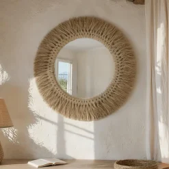 EMINZA Miroir mural rond en fibres les (D50 cm) Makira Beige Naturel Clearance
