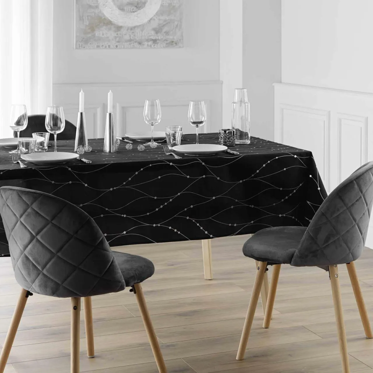 Douceur d interieur Nappe de Noël rectangulaire (140 x 240 cm) Astrelia et argent Noir