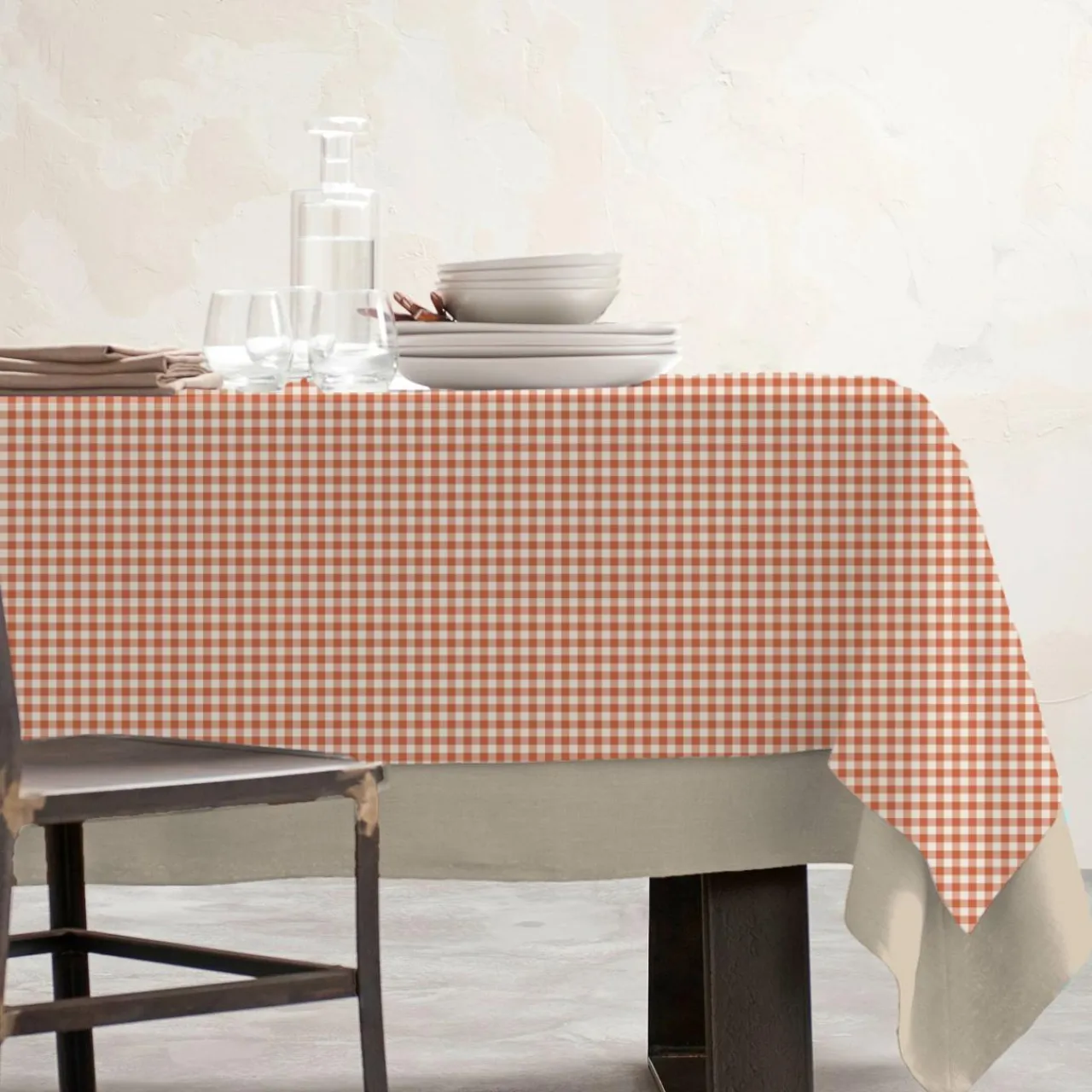 EMINZA Nappe rectangulaire coton enduit (150 x 350 cm) Vichy Terracotta Best