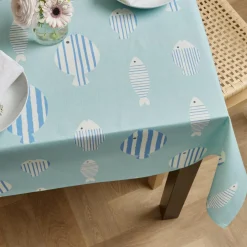 EMINZA Nappe rectangulaire coton enduit (150 x 350 cm) Fish e Bleu Discount