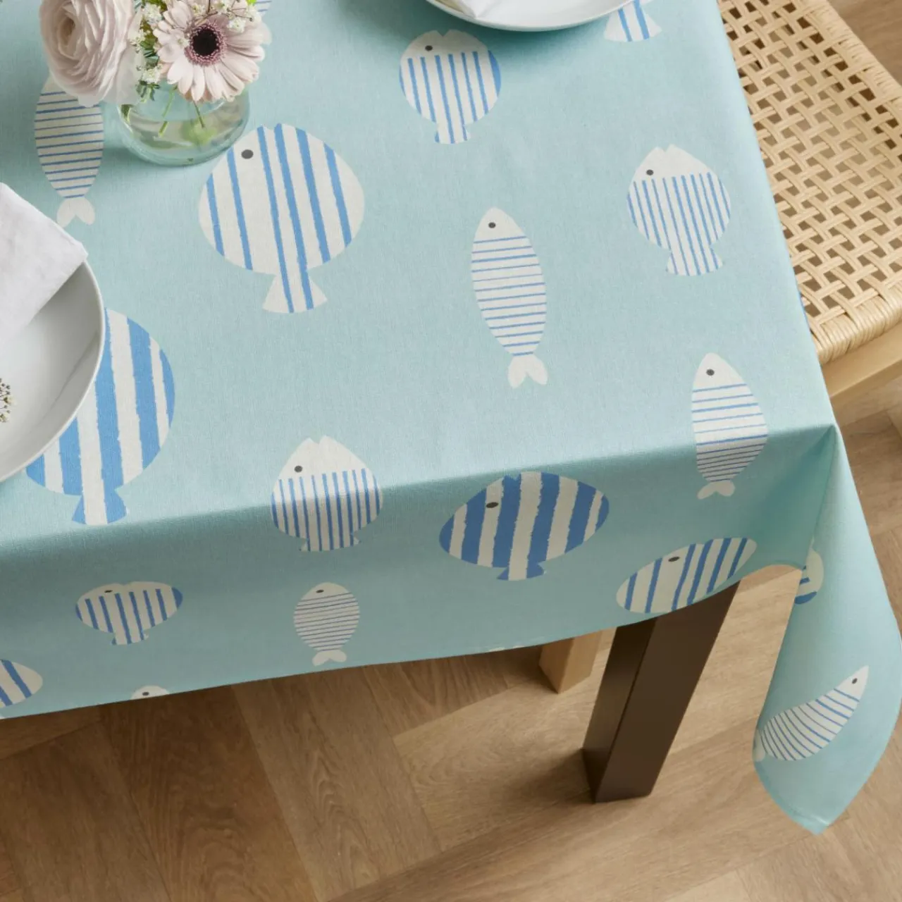 EMINZA Nappe rectangulaire coton enduit (150 x 350 cm) Fish e Bleu Discount