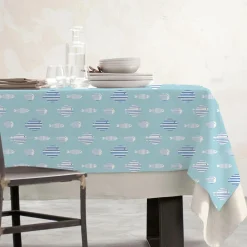 EMINZA Nappe rectangulaire coton enduit (150 x 350 cm) Fish e Bleu Discount