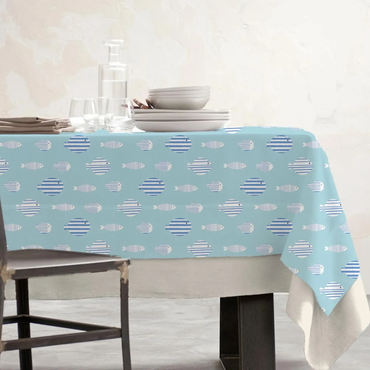 EMINZA Nappe rectangulaire coton enduit (150 x 350 cm) Fish e Bleu Discount