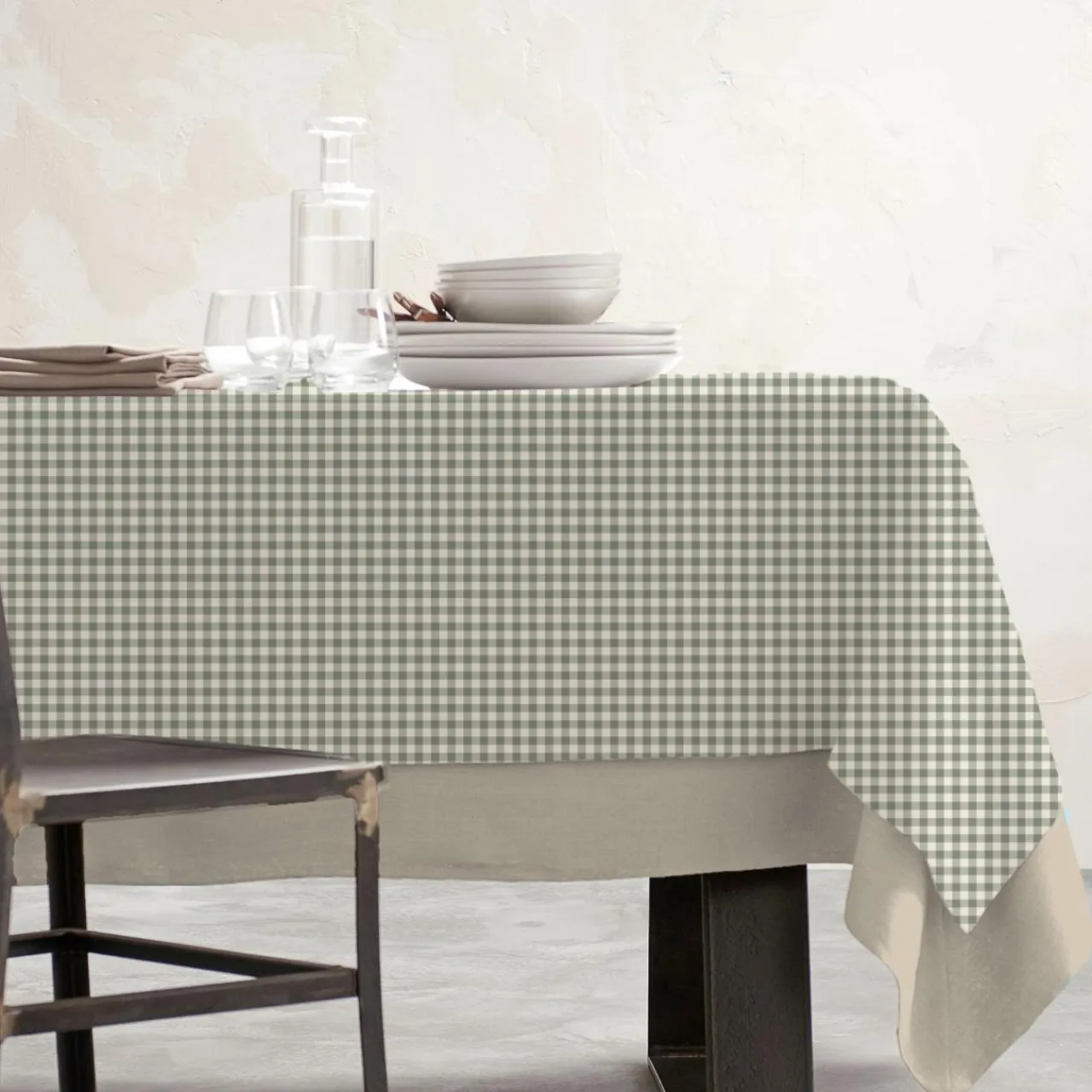 EMINZA Nappe rectangulaire coton enduit (150 x 350 cm) Vichy Vert sauge Best