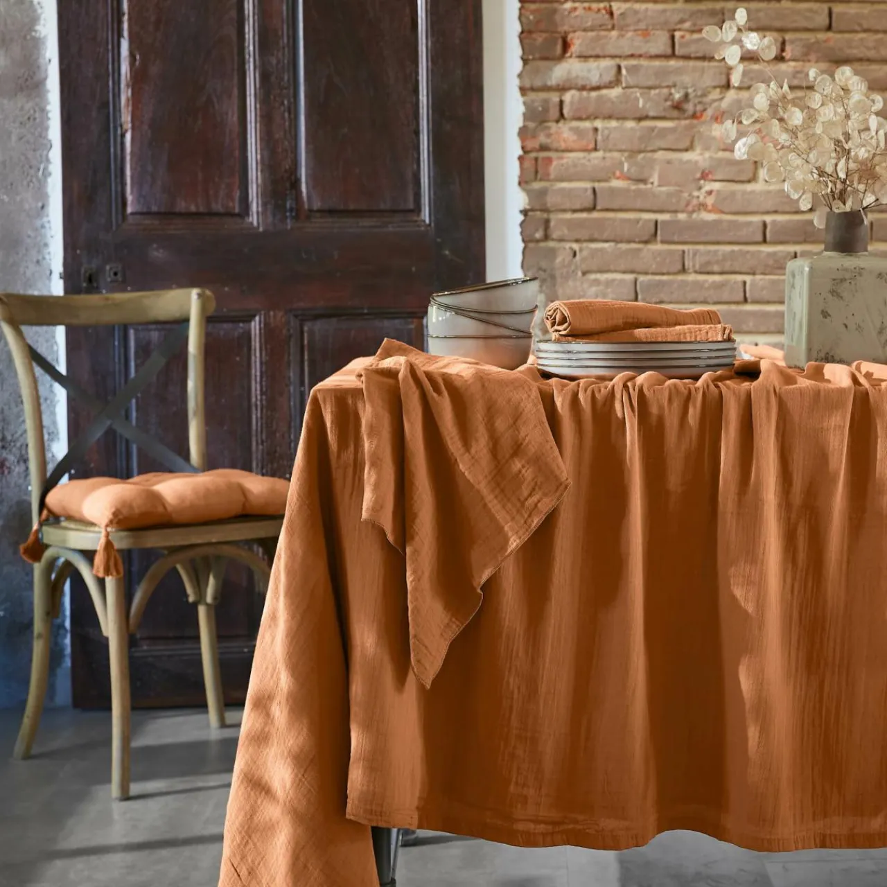 EMINZA Nappe rectangulaire gaze de coton (150 x 250 cm) Gaïa Abricot Discount