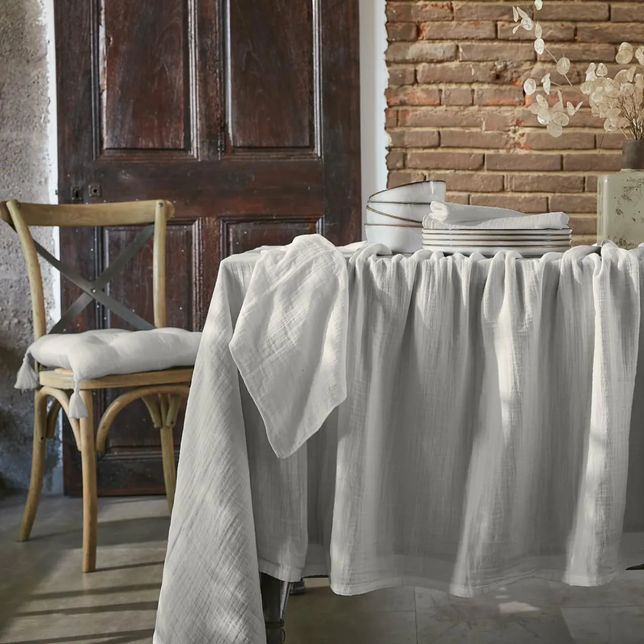 EMINZA Nappe rectangulaire gaze de coton (150 x 350 cm) Gaïa Gris nuage Gris clair Online