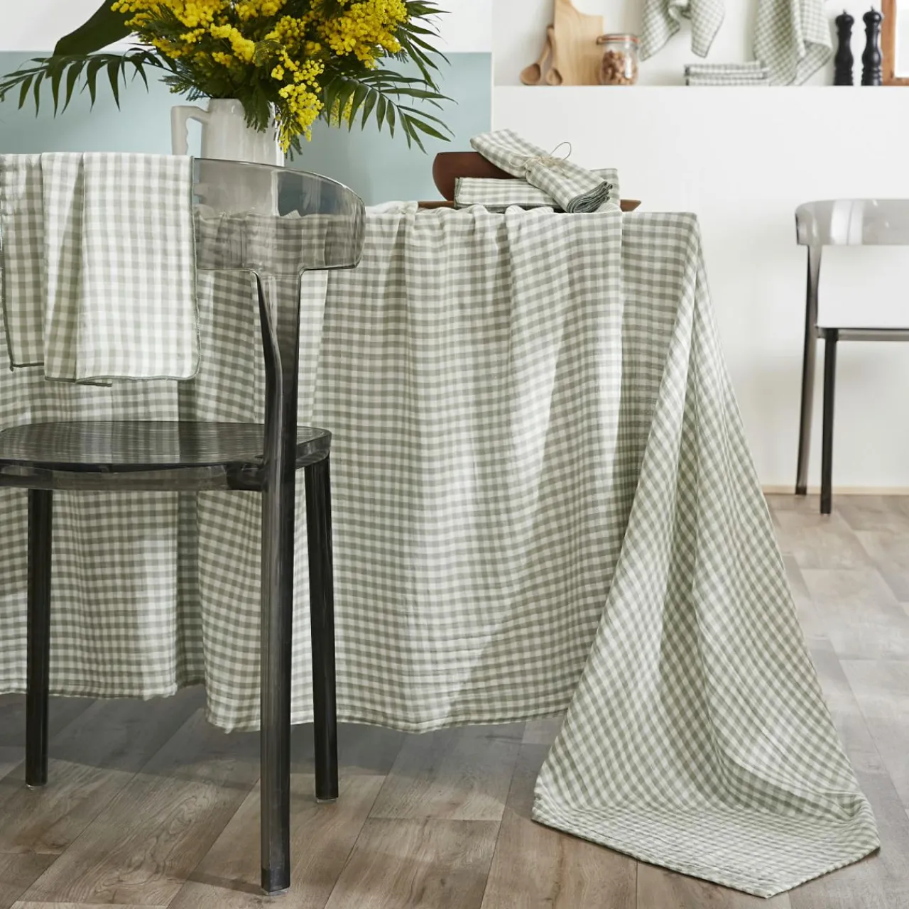 EMINZA Nappe rectangulaire gaze de coton (150 x 250 cm) Gaïa vichy Vert Eucalyptus