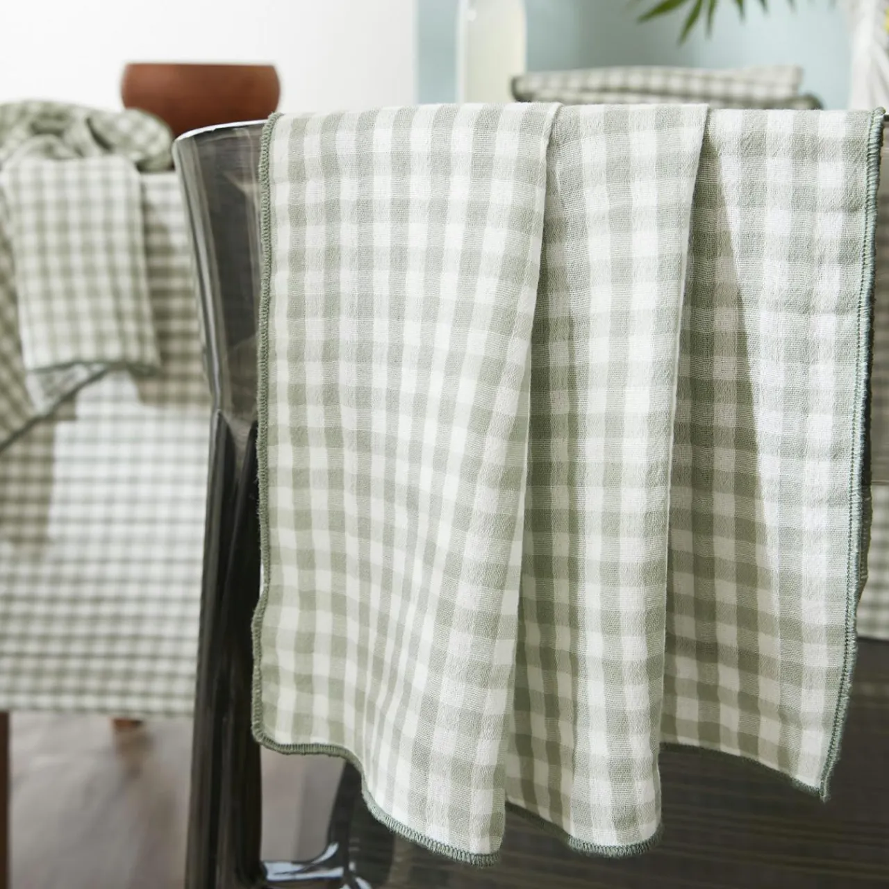 EMINZA Nappe rectangulaire gaze de coton (150 x 350 cm) Gaïa vichy Vert Eucalyptus Online