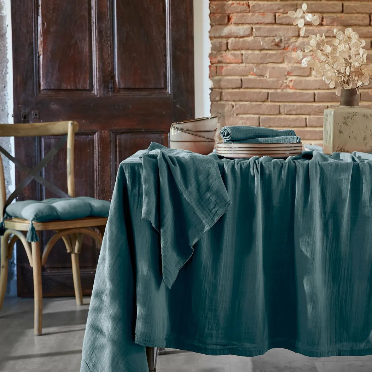 EMINZA Nappe rectangulaire gaze de coton (150 x 350 cm) Gaïa Bleu canard Outlet