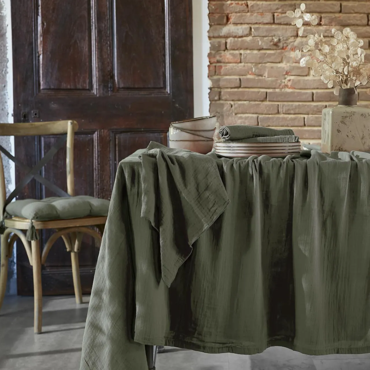EMINZA Nappe rectangulaire gaze de coton (150 x 250 cm) Gaïa Vert romarin Discount