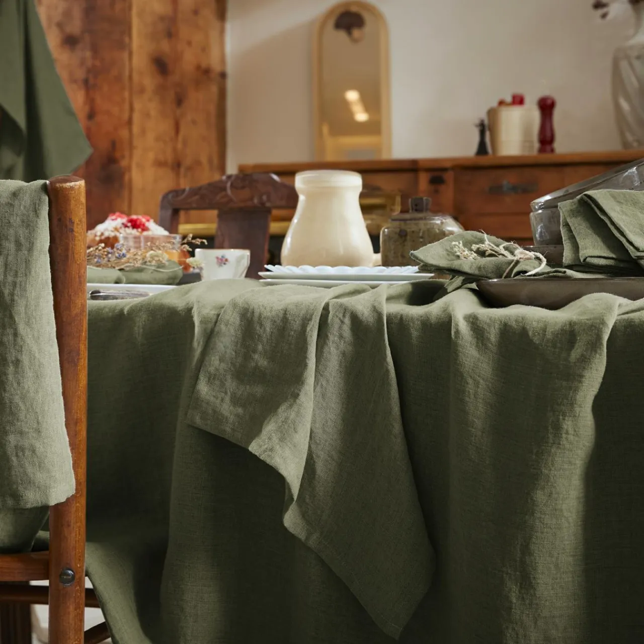 EMINZA Nappe rectangulaire lin lavé (170 x 350 cm) Louise Vert romarin Online