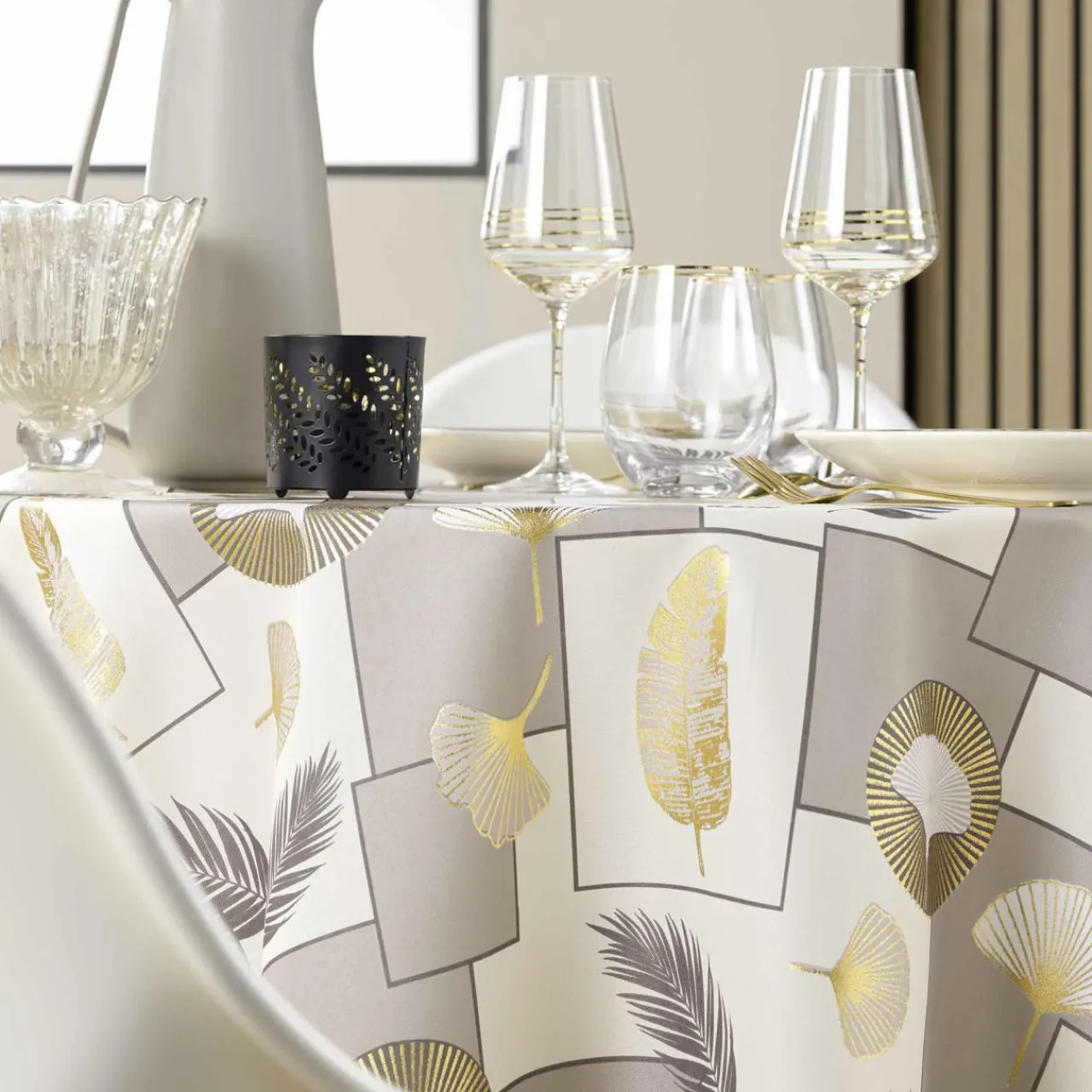 douceur d'intu017drieur Nappe ronde anti tache (180 cm) Natane Beige Discount