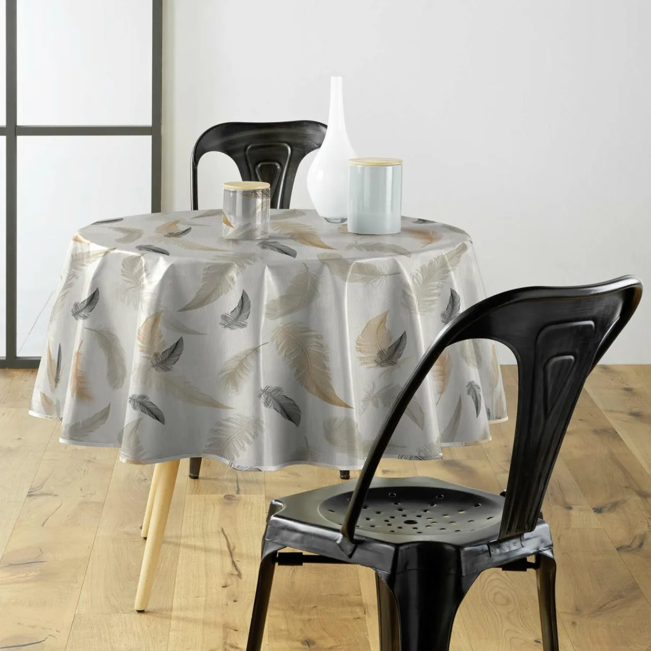 douceur d'intu017drieur Nappe ronde anti tache tissu PVC imperméable (D160 cm) Folea Taupe Clearance