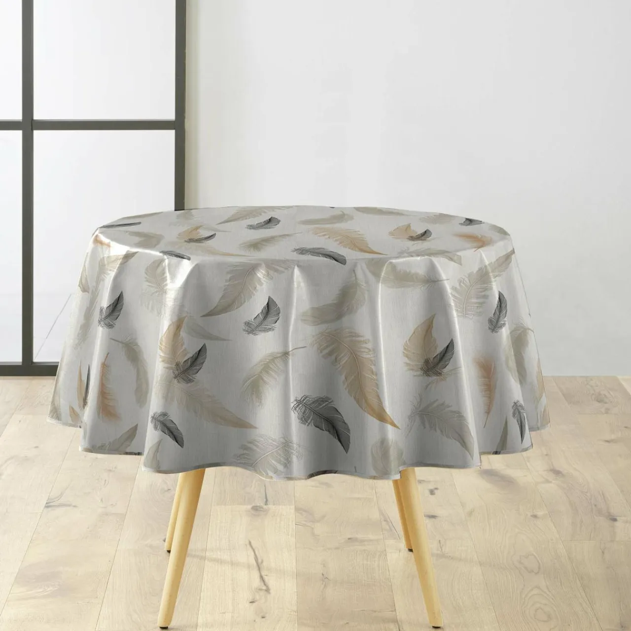 douceur d'intu017drieur Nappe ronde anti tache tissu PVC imperméable (D160 cm) Folea Taupe Clearance